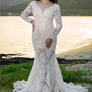 LONG SLEEVE BEADED LACE WEDDING DRESS WITH DEEP V NECK